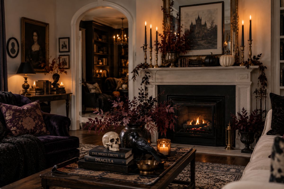Elegant gothic Halloween living room with dark velvet furniture, black taper candles, autumn branches, pumpkins, vintage artwork, and warm fireplace lighting
