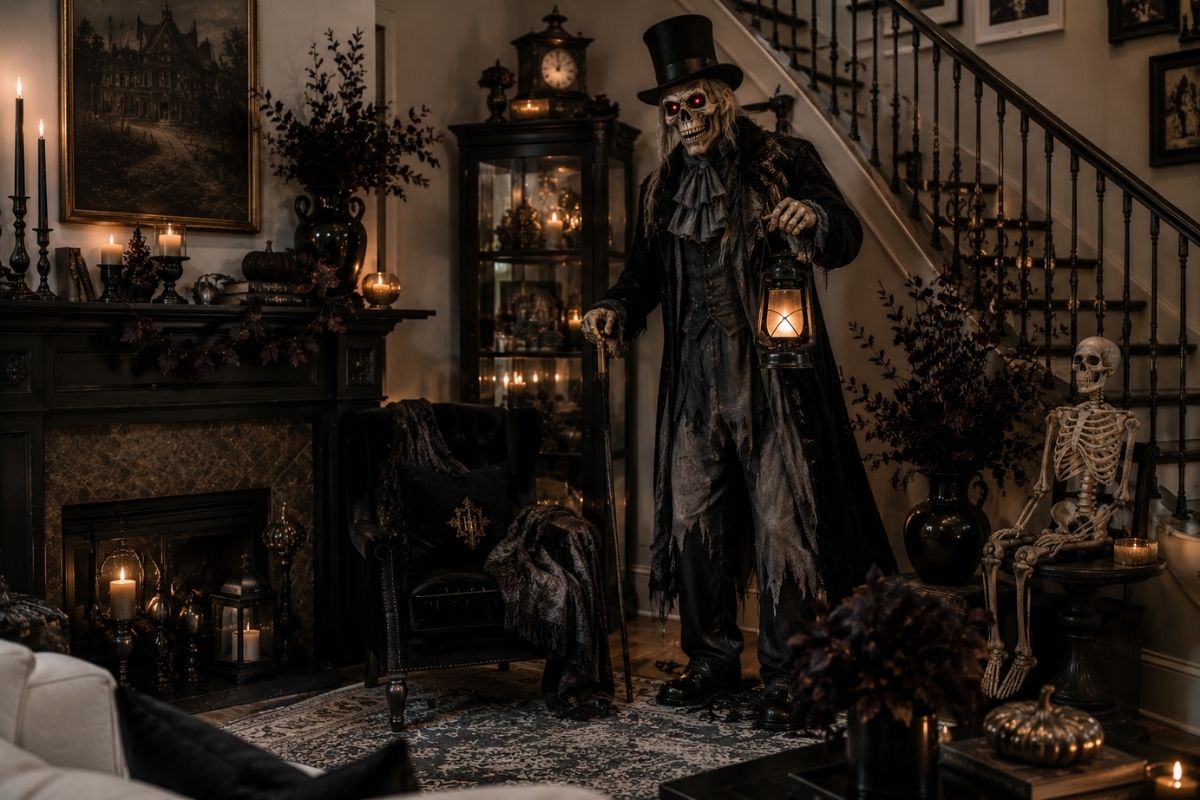 Halloween living room featuring a large animated skeleton figure with a lantern, surrounded by pumpkins, candles, vintage décor, and a seated skeleton