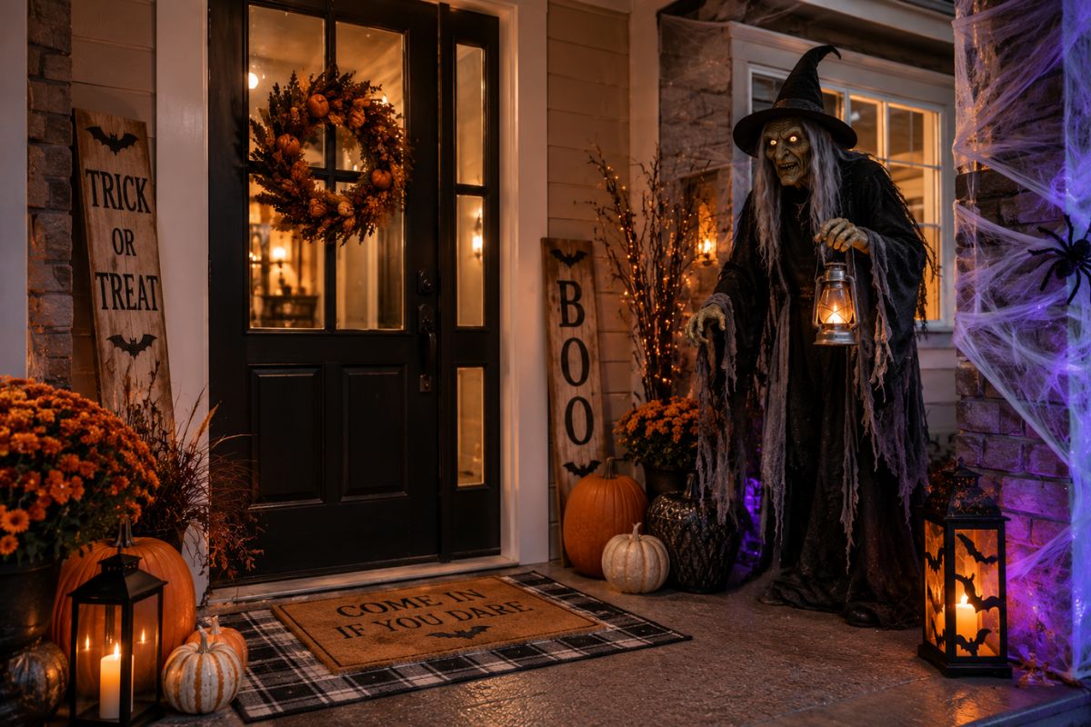 Halloween porch featuring a life-size witch animatronic, glowing lanterns, pumpkins, orange mums, cobwebs, and purple accent lighting