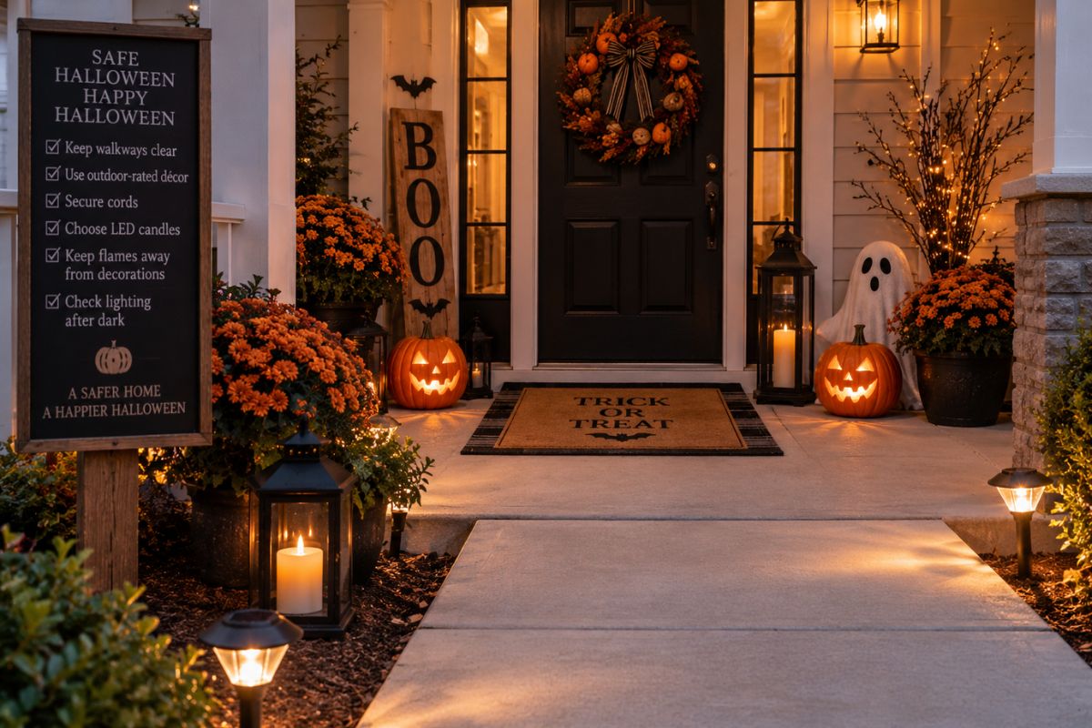 Safe Halloween front porch decorated with pumpkins, lanterns, LED candles, autumn mums, a wreath, and a clear walkway