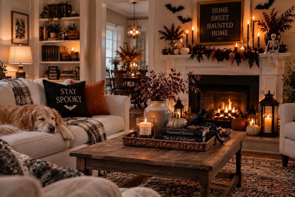 Cozy Halloween living room with pumpkins, candles, autumn branches, seasonal pillows, a decorated fireplace, and warm layered lighting