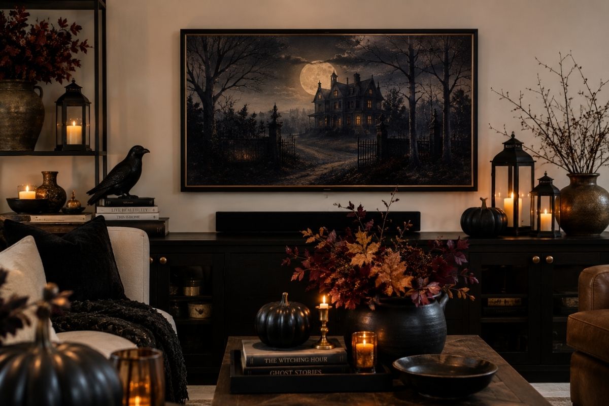 Cozy Halloween living room with a frame-style TV displaying a moonlit haunted house scene surrounded by pumpkins, candles, lanterns, and autumn foliage