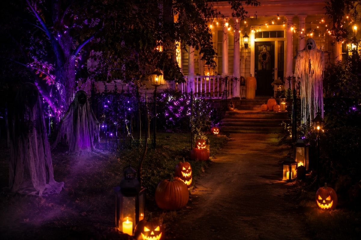 Halloween yard illuminated with layered purple, green, and warm amber lighting, glowing pumpkins, lanterns, skeletons, and spooky decorations