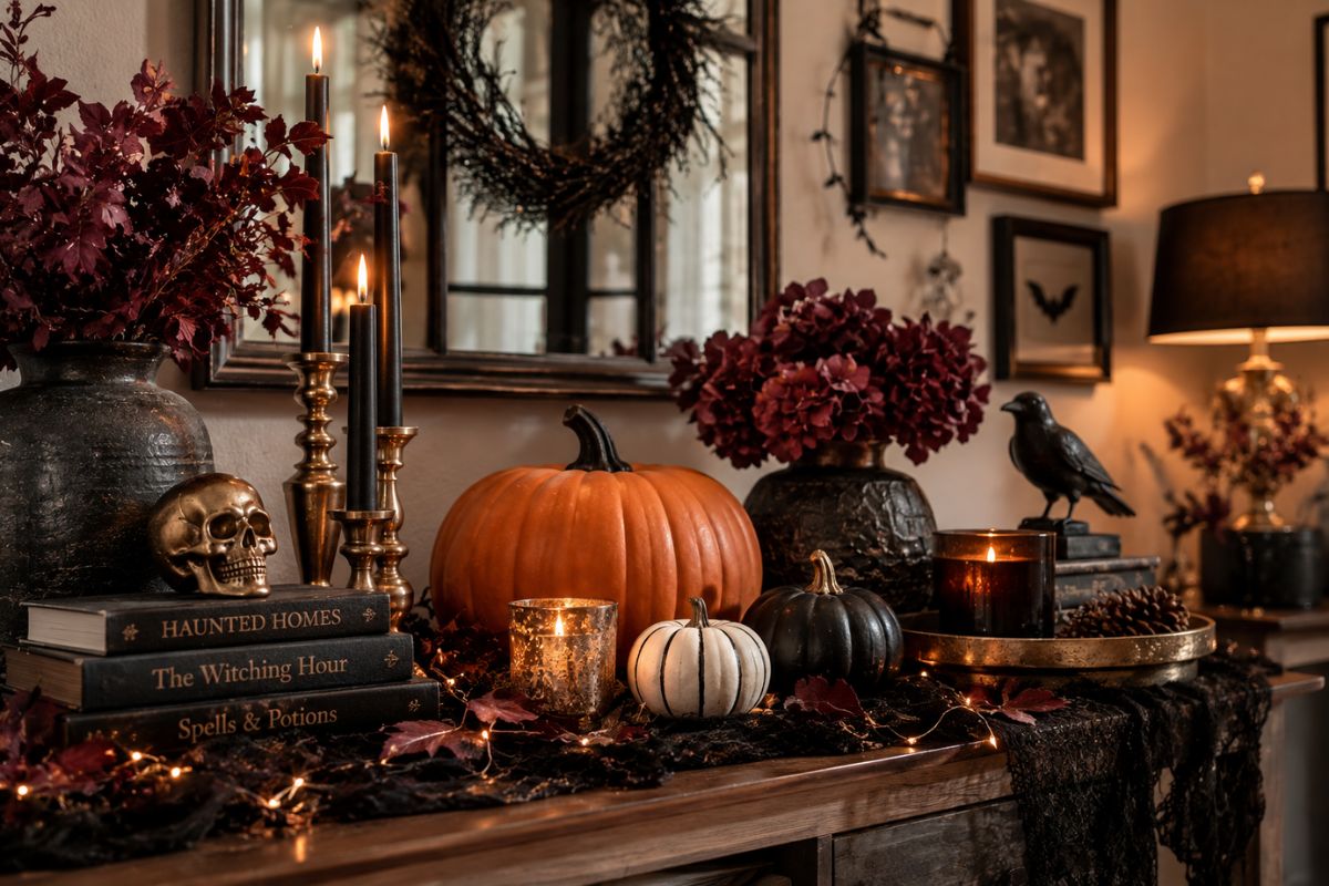 Moody Halloween decor display featuring orange, black, burgundy, cream, and metallic accents with pumpkins, candles, dark florals, and vintage-inspired accessories