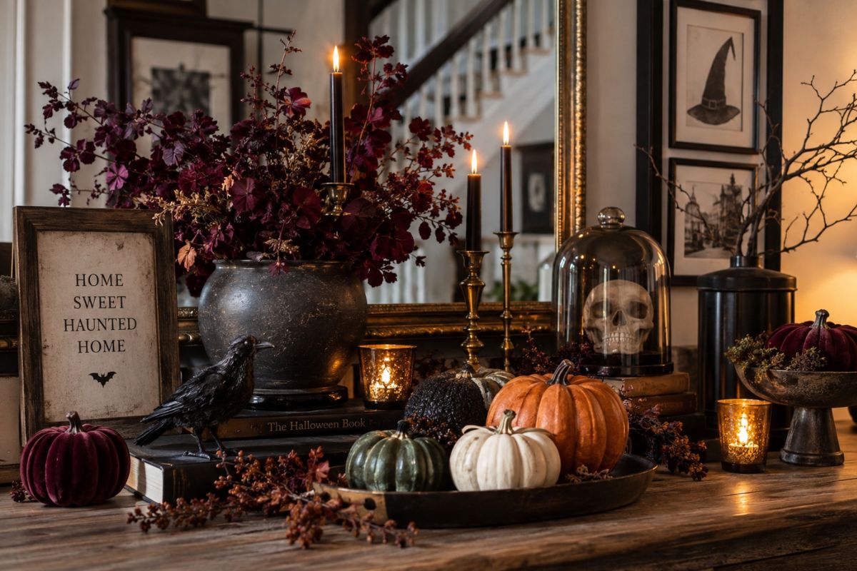 Moody Halloween decor featuring black, charcoal, deep purple, burgundy, muted green, cream, and warm brown accents with pumpkins, candles, and dark foliage