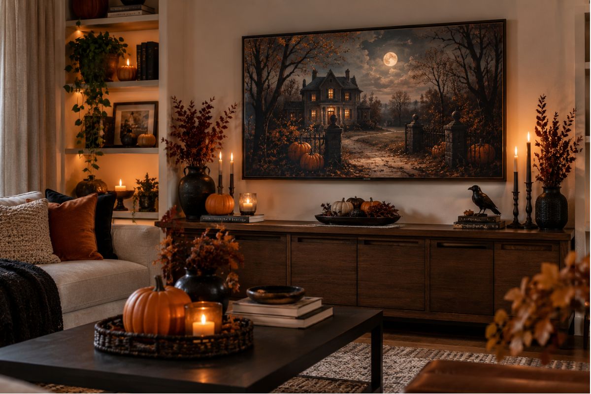 Frame-style TV displaying a moody haunted house Halloween artwork in a cozy living room with pumpkins, candles, autumn foliage, and warm lighting