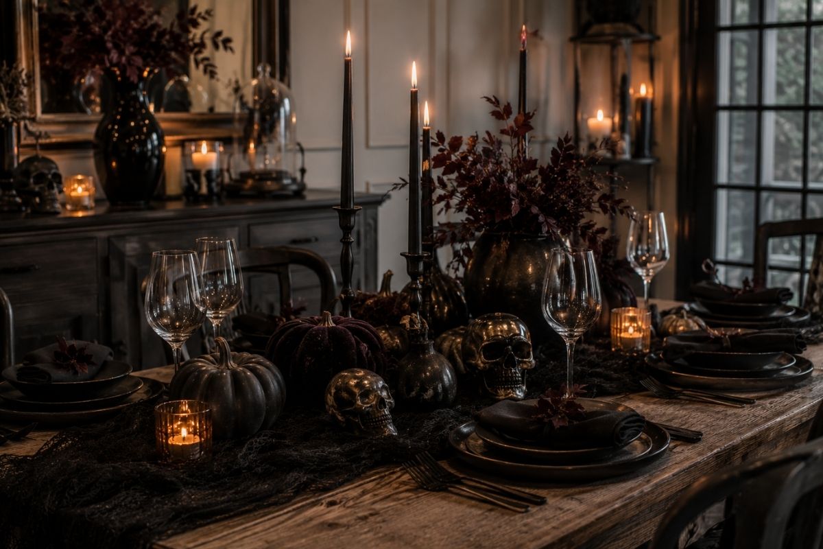 Sophisticated gothic Halloween tablescape with matte black dinnerware, glassware, black pumpkins, candles, dark foliage, and subtle skull accents