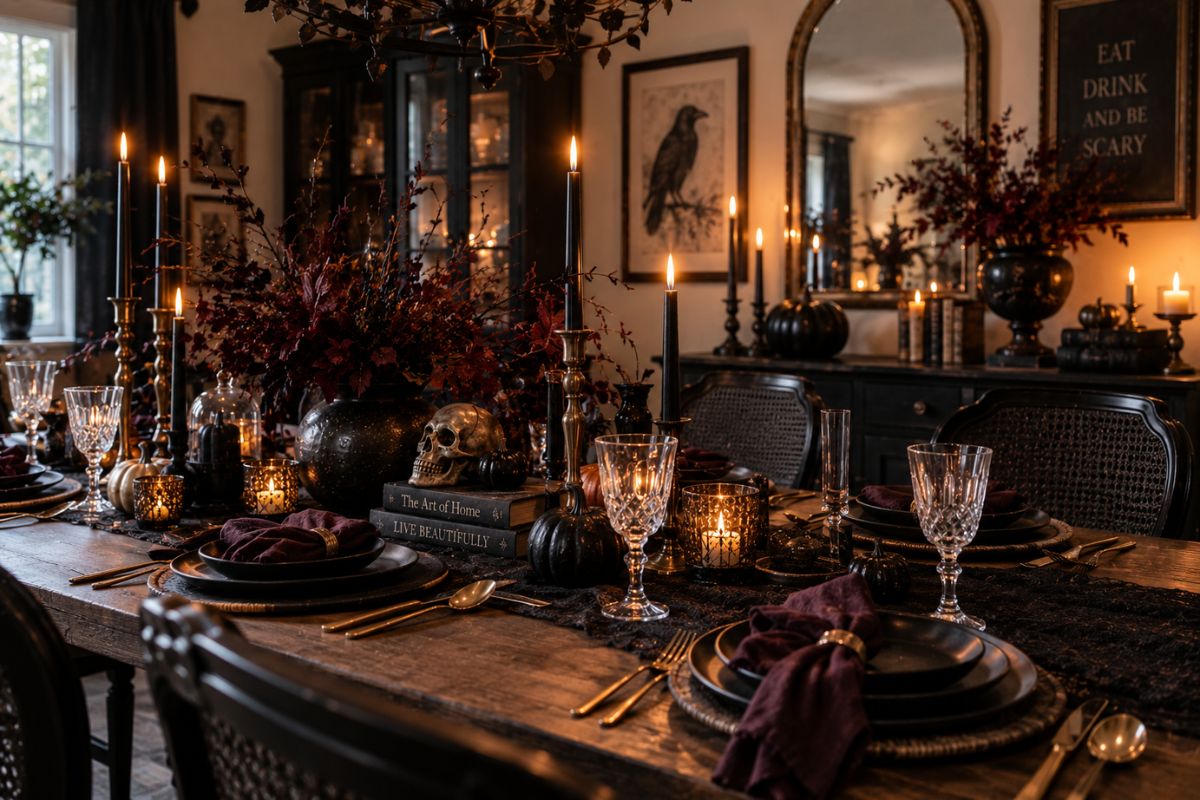 Sophisticated gothic Halloween tablescape with matte black dinnerware, burgundy linens, crystal glassware, gold flatware, pumpkins, skull accents, and candlelight