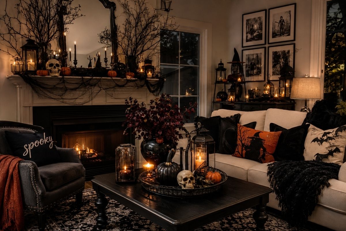 Stylish Halloween living room decorated with pumpkins, black candles, lanterns, skulls, dark florals, and cozy seasonal accents