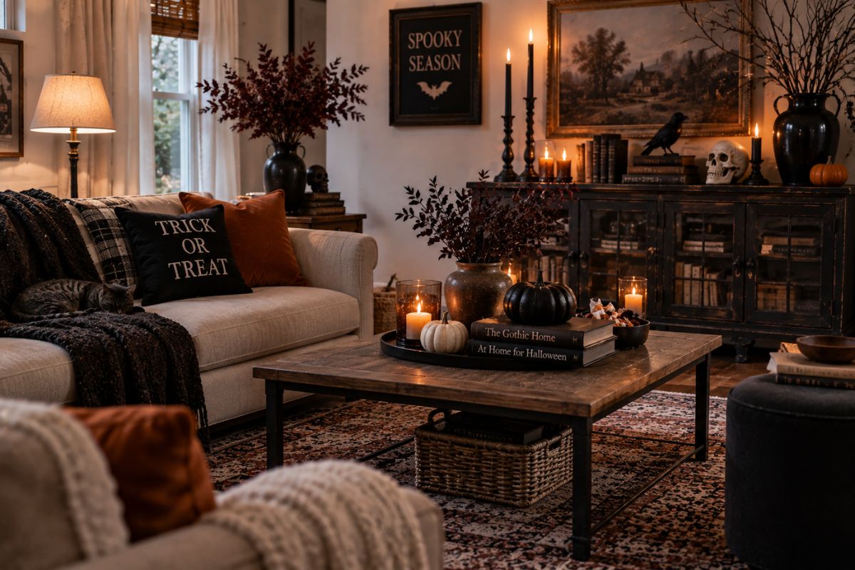 Subtle spooky Halloween living room with black vases, pumpkins, dark floral branches, candles, vintage artwork, seasonal pillows, and cozy textured fabrics