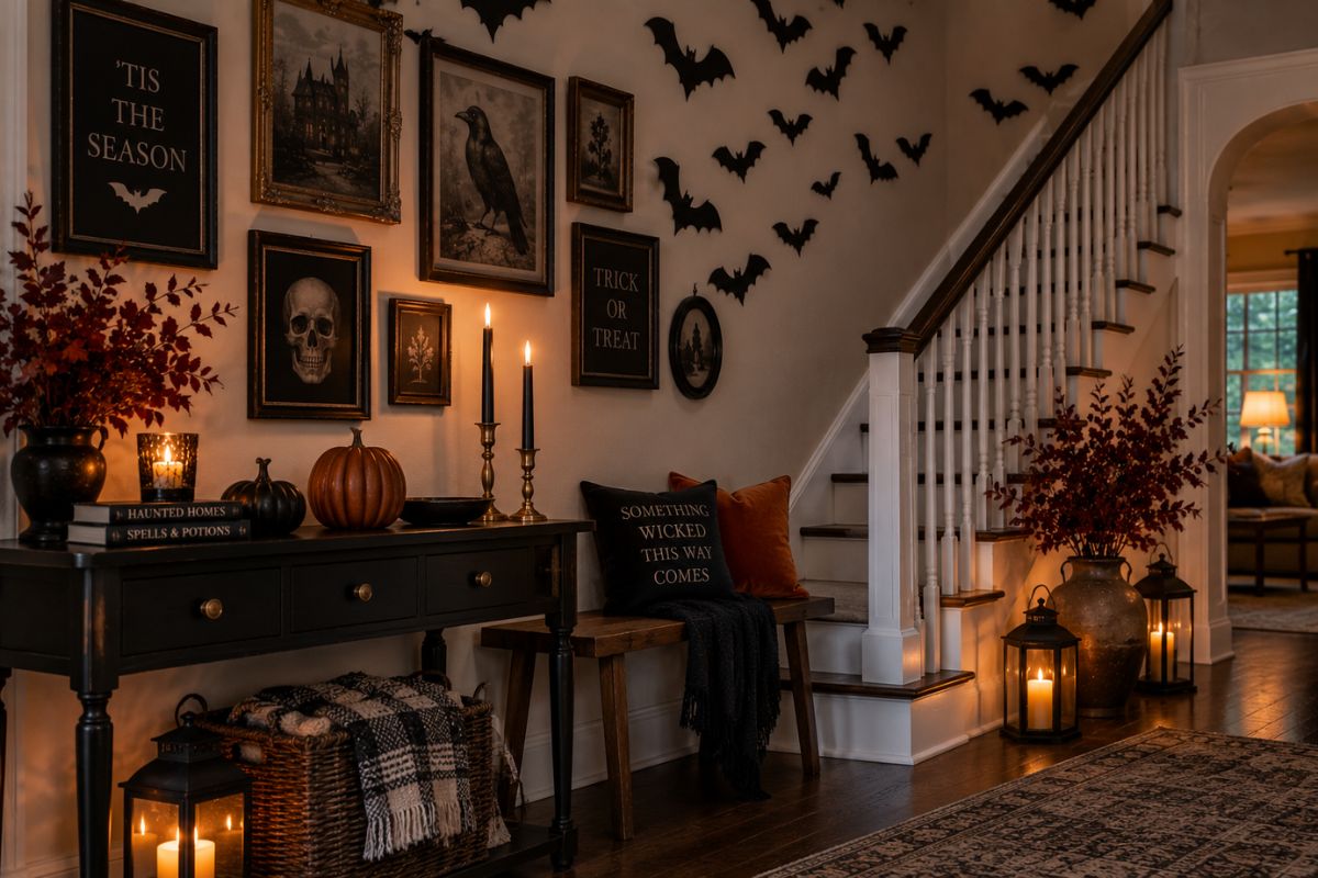 Halloween wall decor featuring removable bat silhouettes, vintage framed artwork, pumpkins, candles, and autumn branches near a staircase