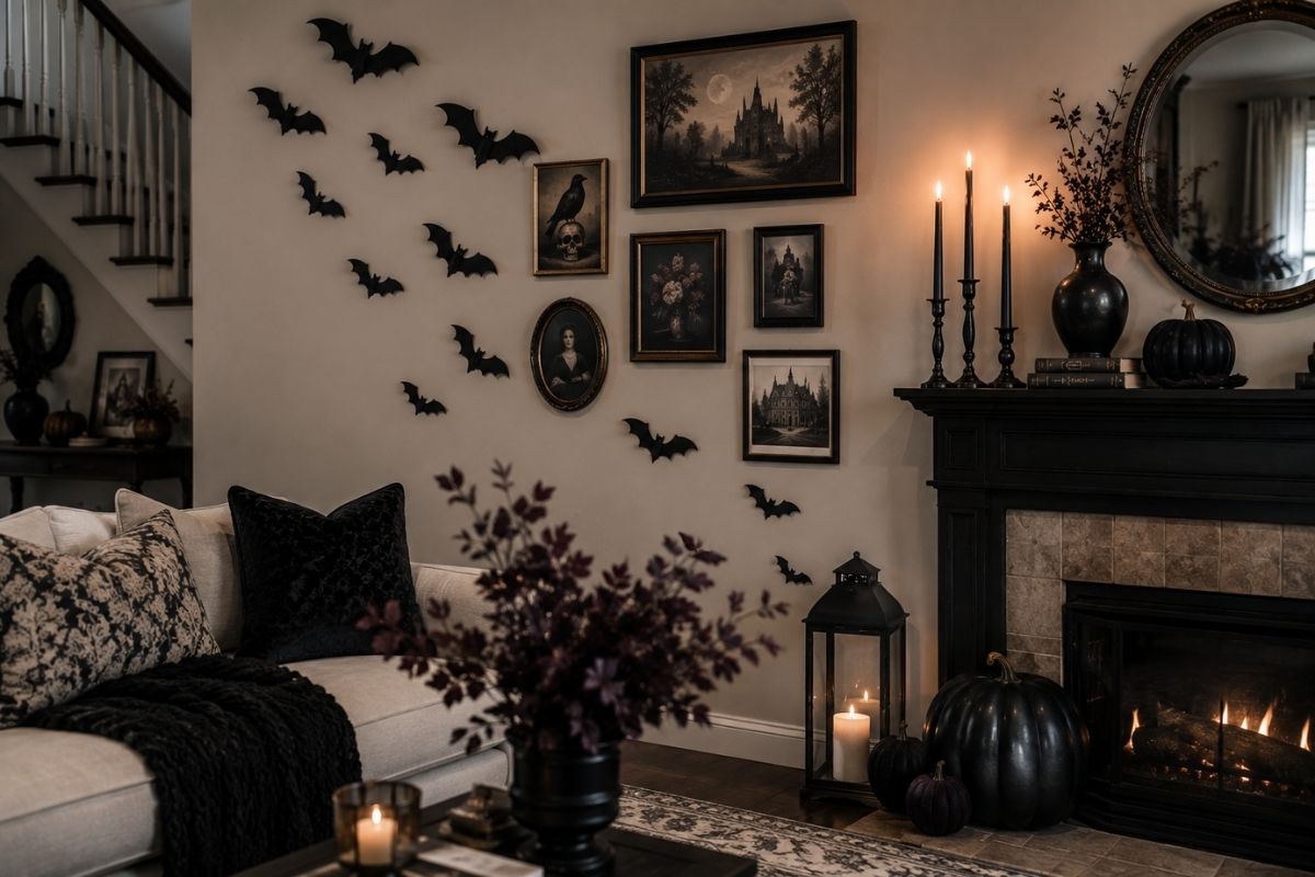Halloween living room with removable bat wall decorations, vintage-inspired framed artwork, pumpkins, candles, and a decorated fireplace