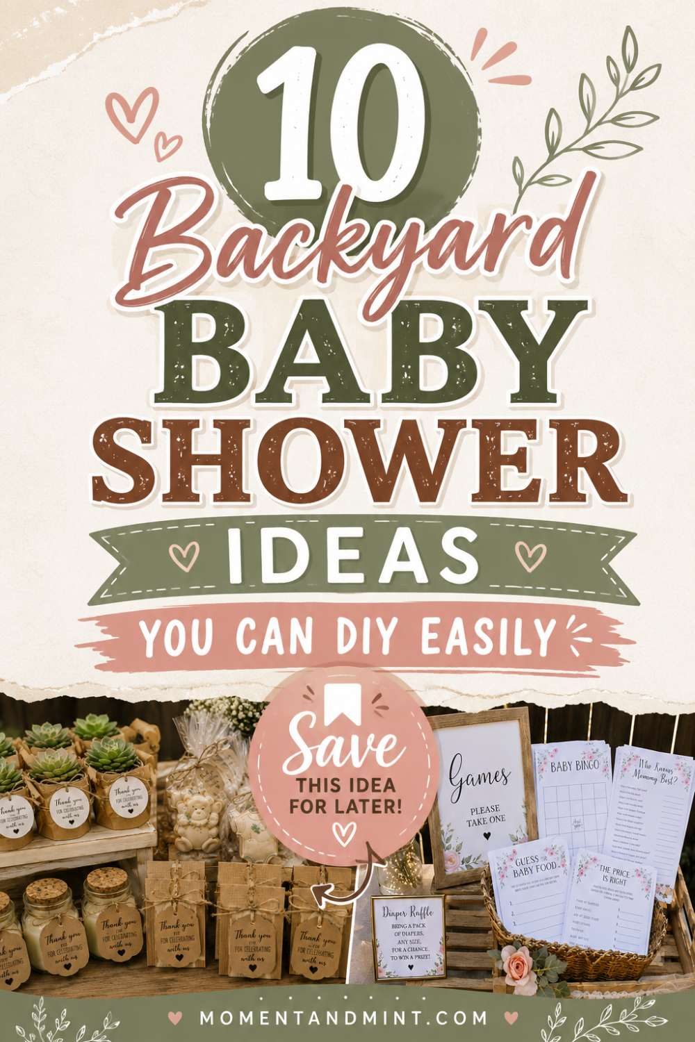 10 backyard baby shower ideas you can DIY easily featuring affordable decorations, printable baby shower games, rustic party favors, and budget-friendly outdoor celebration inspiration.