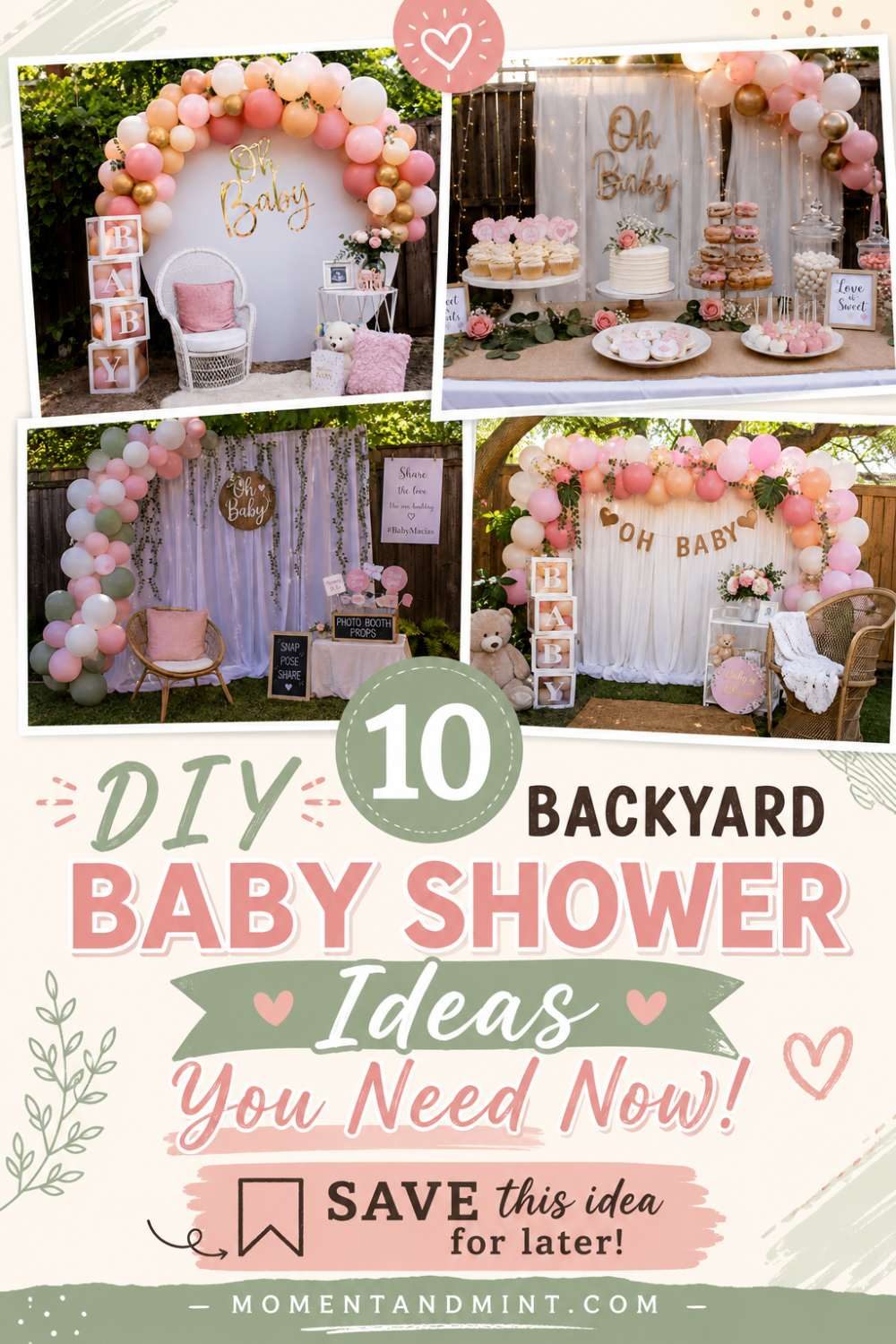 DIY backyard baby shower ideas featuring balloon garlands, dessert tables, photo backdrops, and outdoor party decorations for a beautiful budget-friendly baby shower.