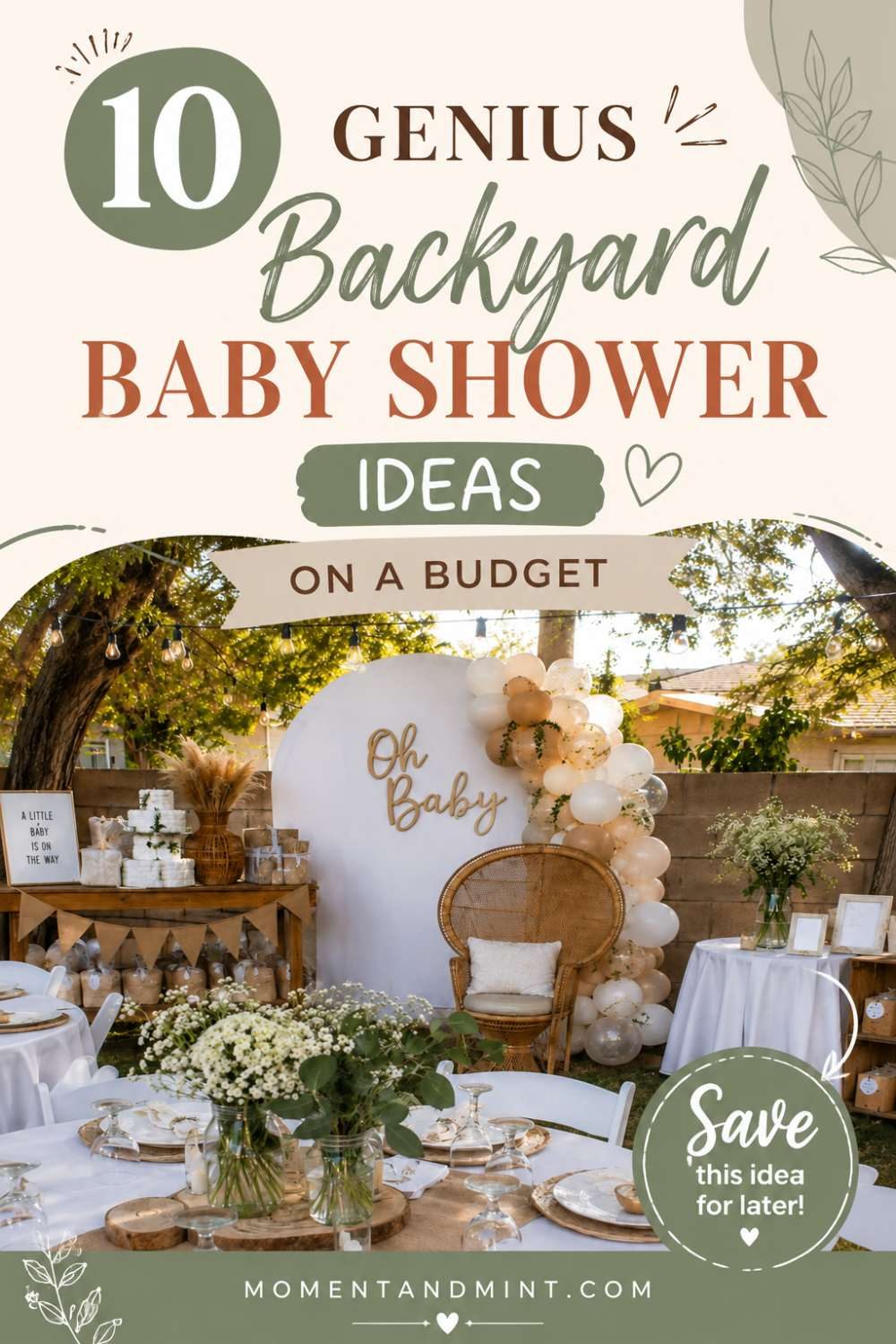 10 genius backyard baby shower ideas on a budget with elegant outdoor decor, neutral balloon arch, floral centerpieces, and affordable DIY party inspiration.