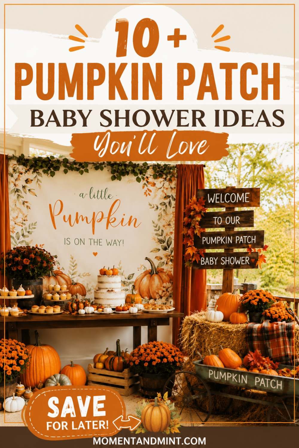 Pumpkin patch baby shower featuring rustic fall decorations, pumpkins, hay bales, seasonal flowers, dessert table, and cozy autumn party inspiration.