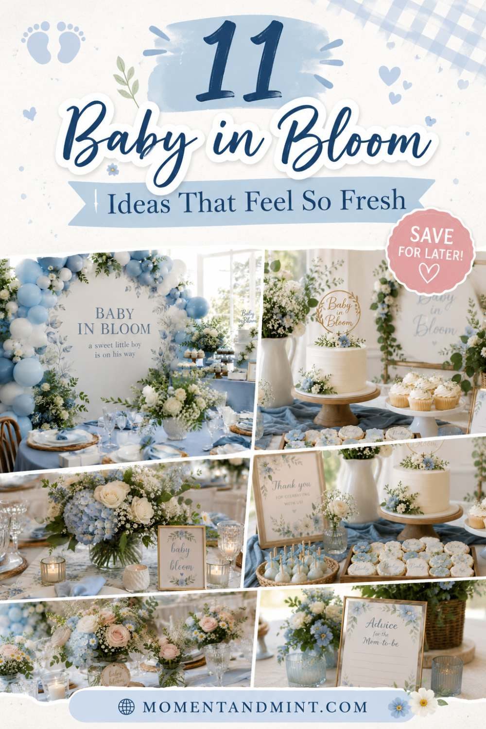 Baby in Bloom ideas with blue floral decorations, elegant dessert table, botanical centerpieces, fresh flowers, and beautiful baby shower inspiration for boys.