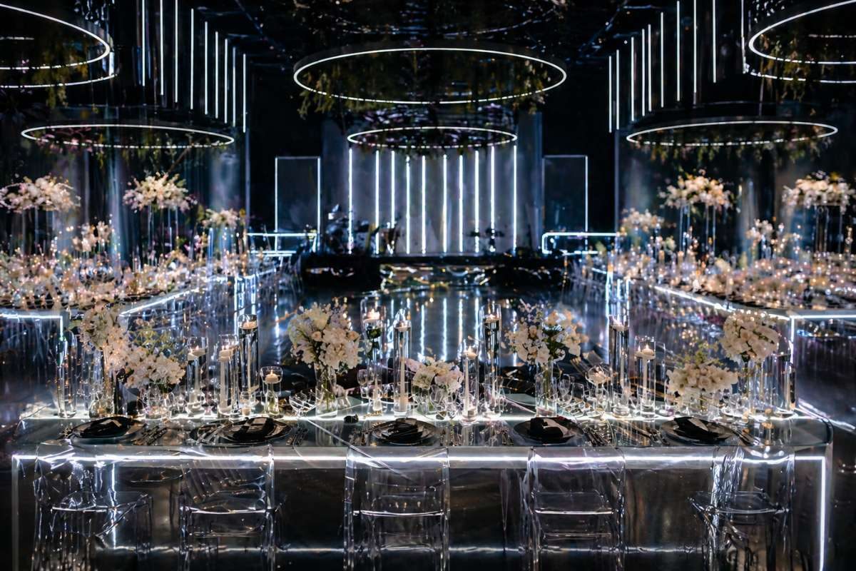 modern wedding setup with transparent chairs, and LED lighting
