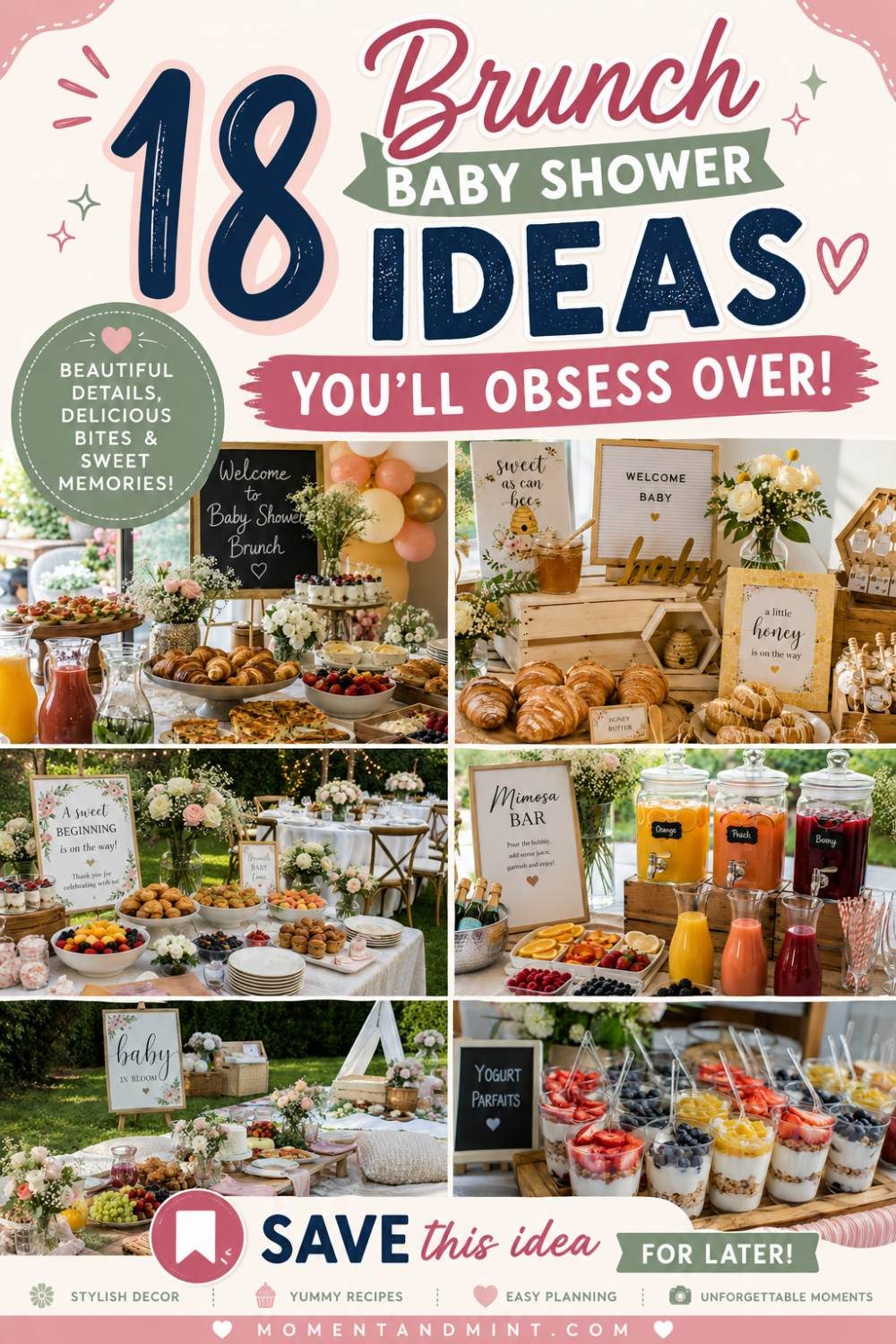 Collage Pinterest pin featuring elegant brunch baby shower ideas, including a brunch buffet, honey-themed dessert station, mimosa bar, picnic-style setup, and yogurt parfait bar with the title "18 Brunch Baby Shower Ideas You'll Obsess Over."