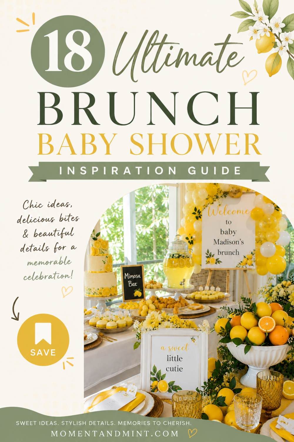 Elegant lemon-themed brunch baby shower setup featuring a mimosa bar, citrus-inspired decorations, fresh floral centerpieces, yellow balloon arch, and stylish table settings for a bright and cheerful celebration.