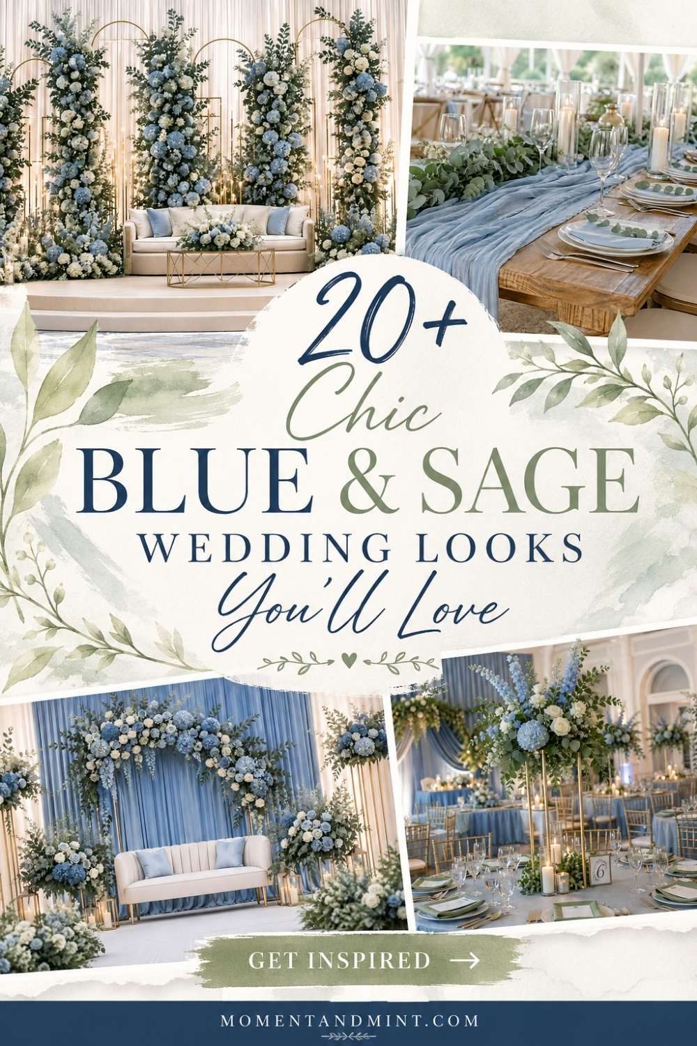 Elegant dusty blue and sage green wedding inspiration featuring romantic floral backdrops, sophisticated reception tablescapes, candlelit décor, and timeless wedding styling ideas.