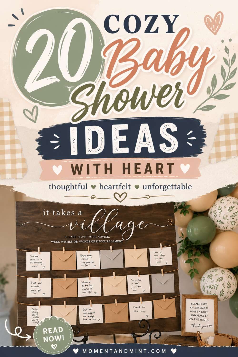 It Takes a Village baby shower featuring a heartfelt welcome wall with advice cards, rustic décor, balloon garland, and meaningful community-inspired baby shower decorations.