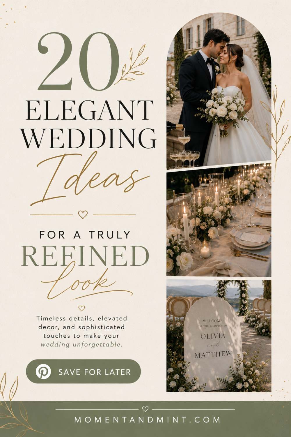 Elegant wedding inspiration featuring romantic floral arrangements, candlelit reception tables, sophisticated décor, and timeless wedding styling ideas.