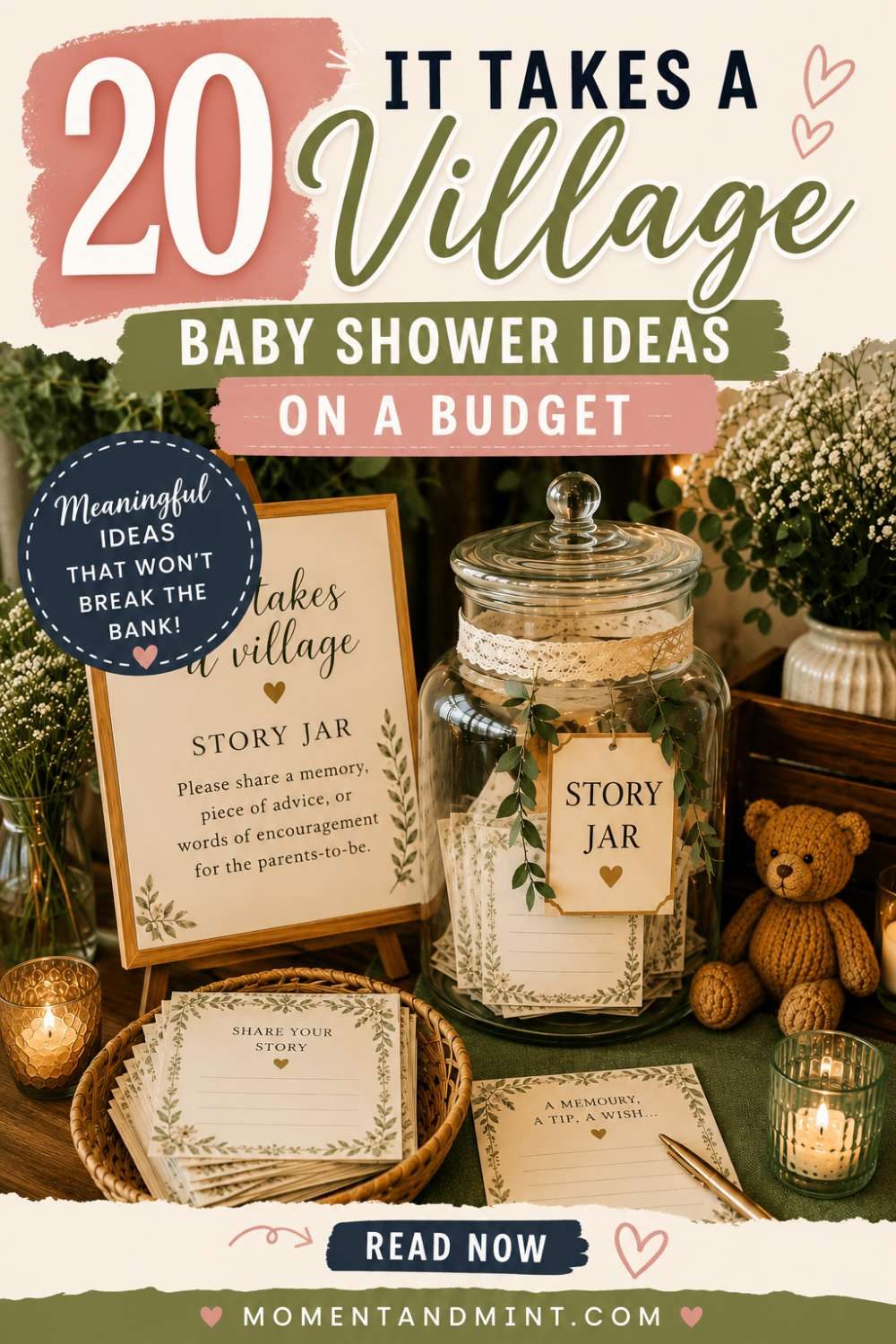 It Takes a Village baby shower story jar station with advice cards, rustic greenery, candles, keepsake notes, and meaningful activities for guests to share memories and encouragement.