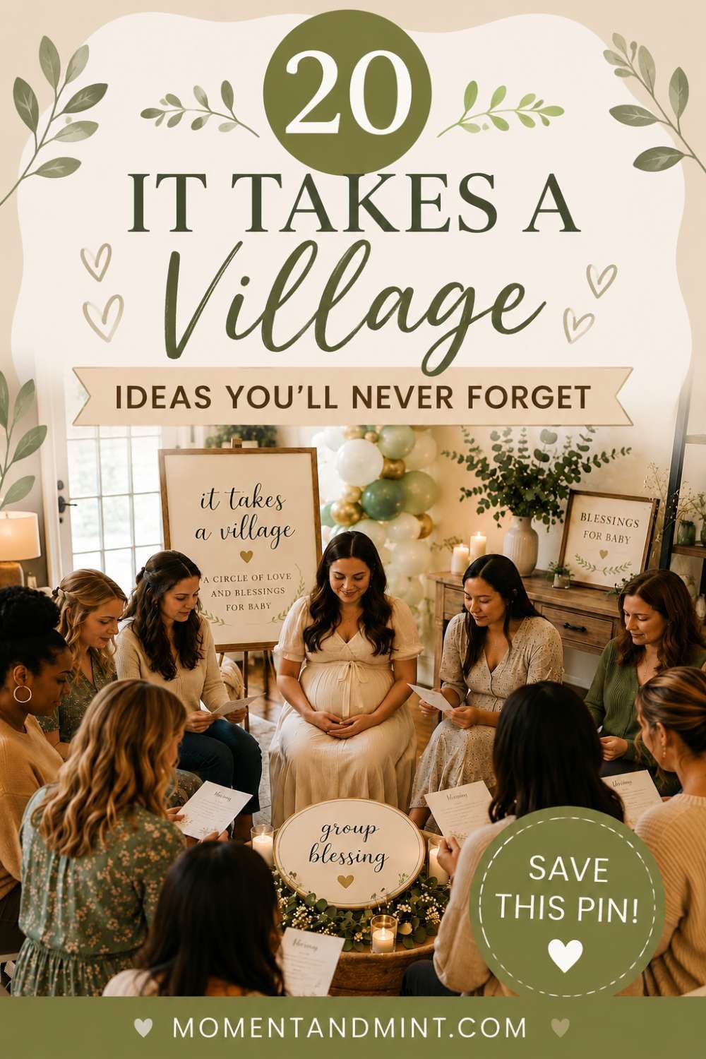 It Takes a Village baby shower featuring a group blessing circle, cozy neutral décor, meaningful guest activity, and heartfelt community celebration for the parents-to-be.