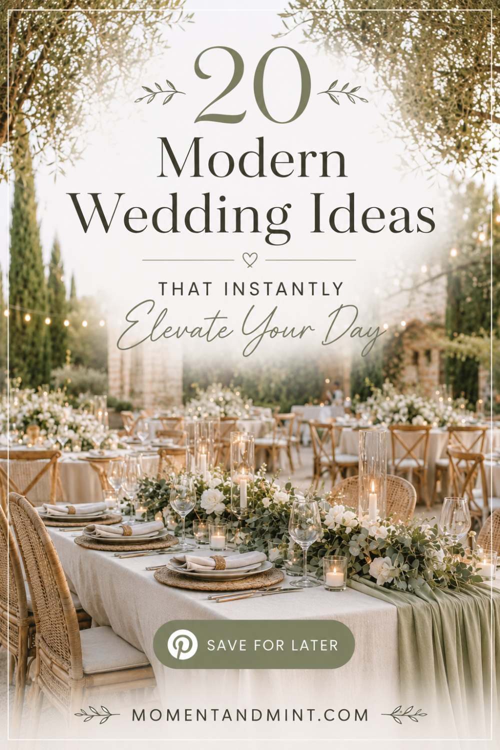 Elegant modern wedding reception with candlelit tablescape, white floral centerpieces, neutral linens, and refined outdoor venue inspiration for a chic wedding celebration.