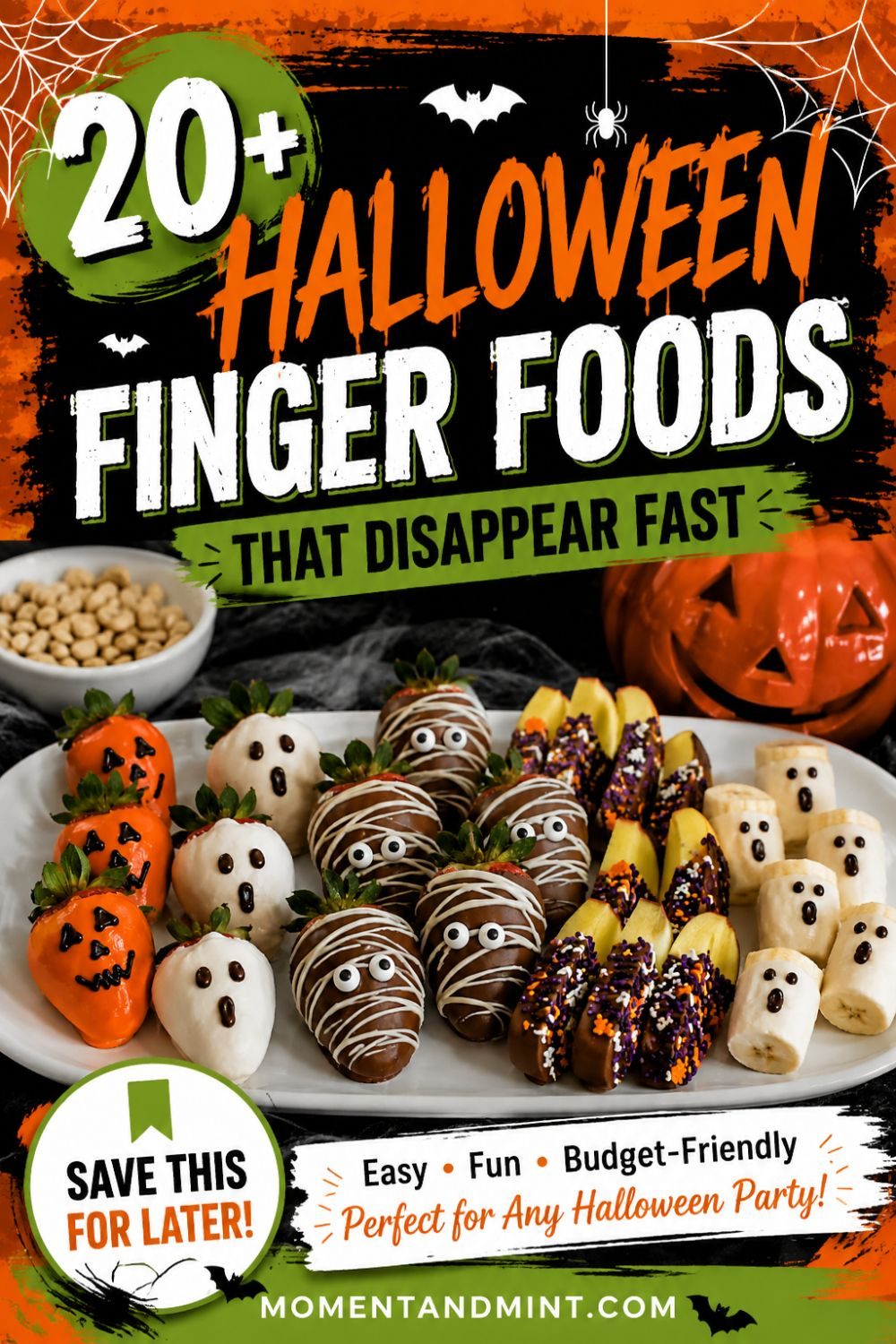Halloween finger-food Pinterest pin featuring mummy-wrapped sausages and festive chocolate-covered fruit treats, with bold orange, green, white, and black typography and a save-for-later CTA.