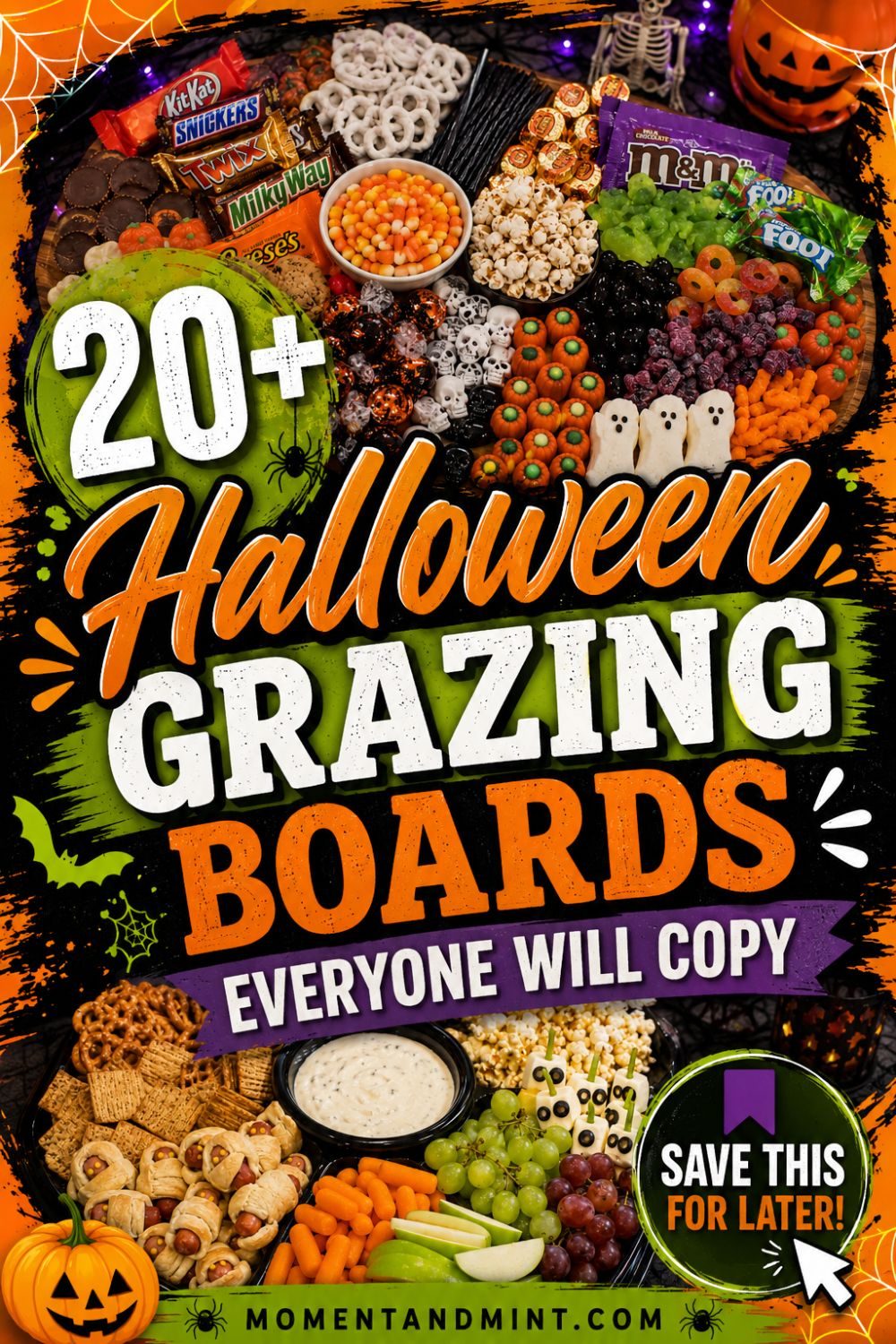 Halloween grazing board pin featuring candy, pretzels, fruit, vegetables, appetizers, and festive snacks arranged on party boards, with bold orange, green, purple, and white typography.
