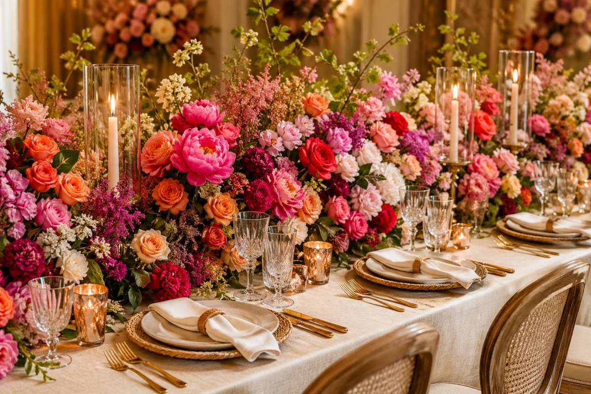 Elegant wedding table with rich and abundant floral centerpiece featuring vibrant roses, peonies, candles, and gold table setting