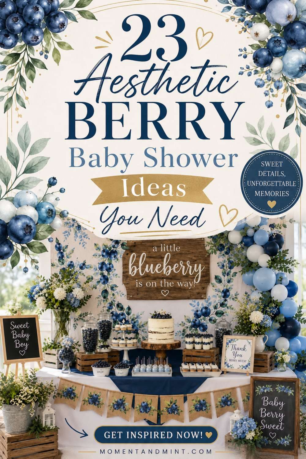 Aesthetic blueberry baby shower ideas featuring blue balloon arch, rustic dessert table, fresh blueberry decorations, floral arrangements, and elegant berry-inspired party styling.