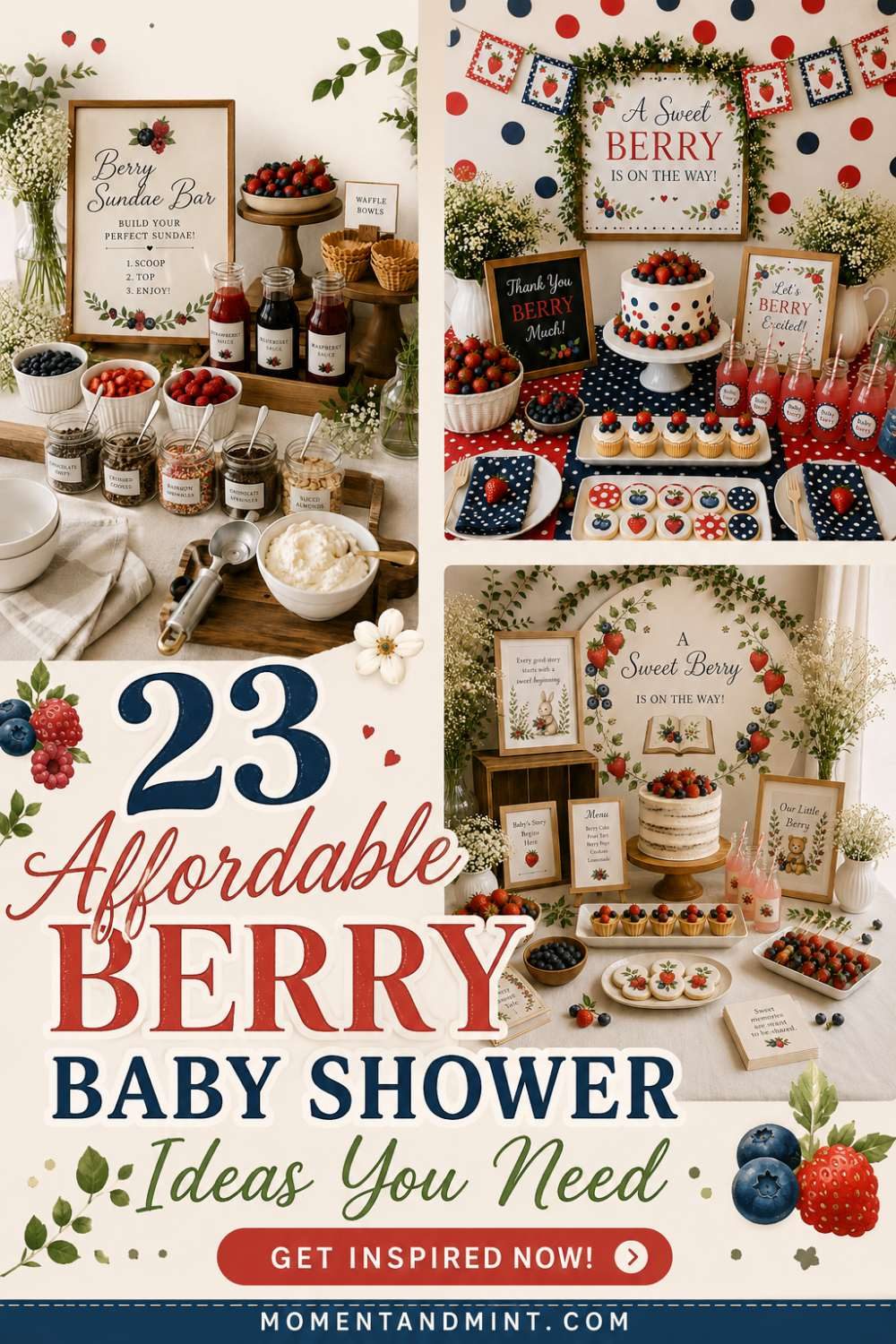 Affordable berry baby shower ideas featuring a DIY berry sundae bar, rustic dessert table, fresh strawberries and blueberries, berry-themed decorations, and elegant party styling.