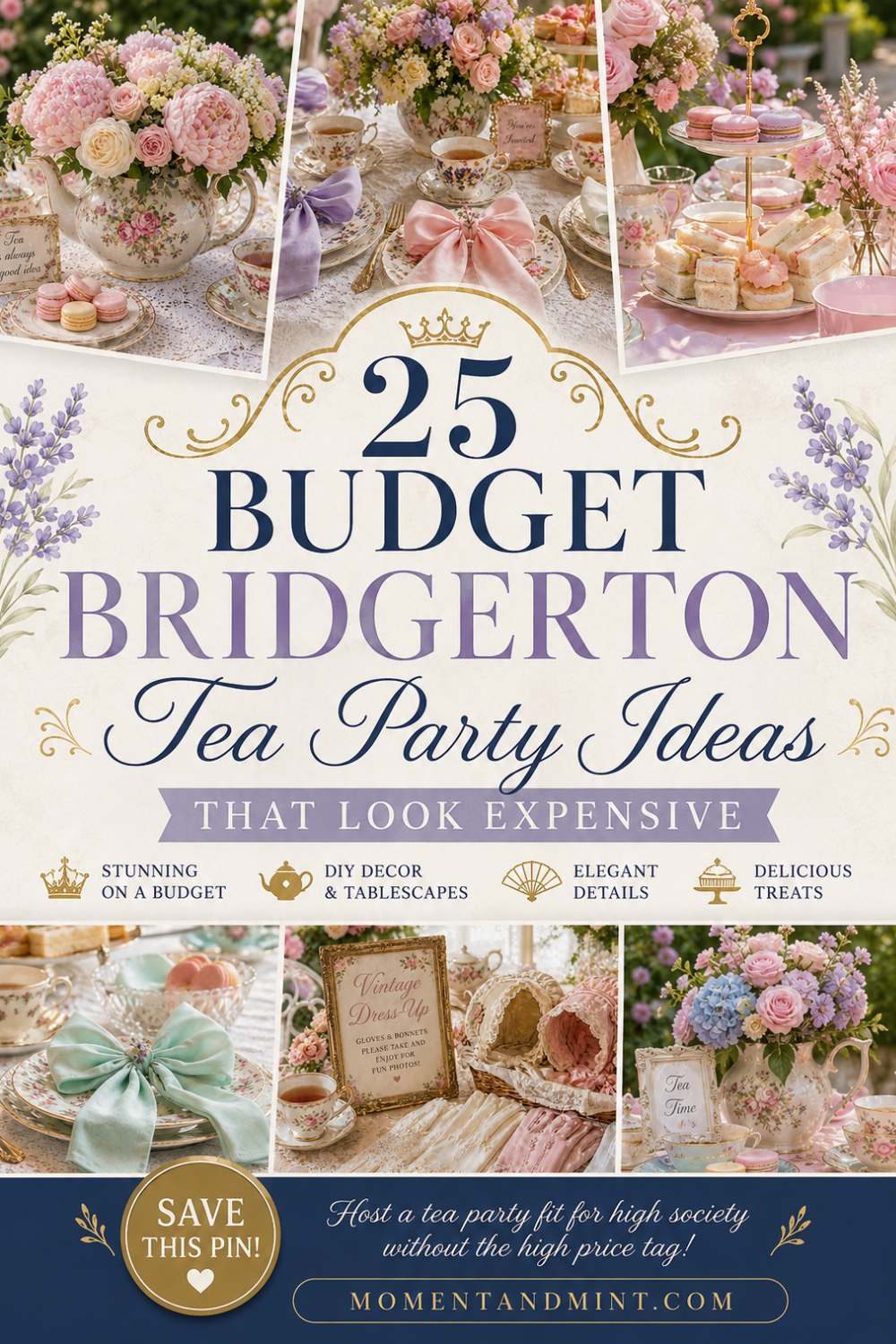 Budget Bridgerton tea party featuring elegant floral tablescapes, vintage teacups, pastel decorations, beautiful desserts, and Regency-inspired party décor.