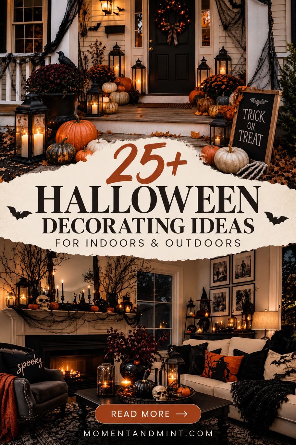 Halloween indoor and outdoor decorating inspiration featuring a spooky living room, decorated dining table, pumpkins, candles, dark florals, front porch accents, and outdoor Halloween displays.