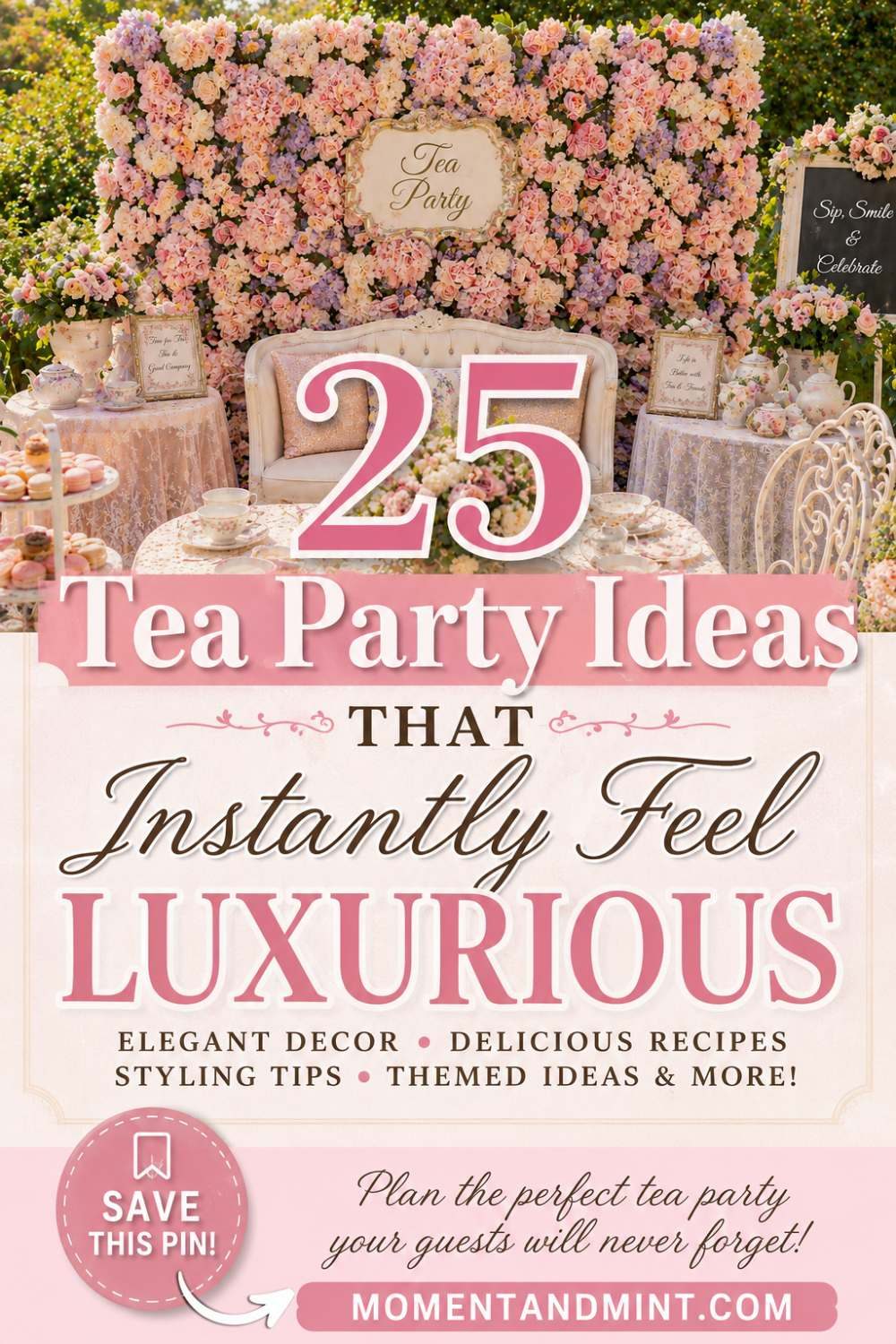 Elegant Bridgerton tea party featuring floral backdrop, vintage teacups, romantic tablescapes, pastel flowers, and luxurious garden party inspiration.