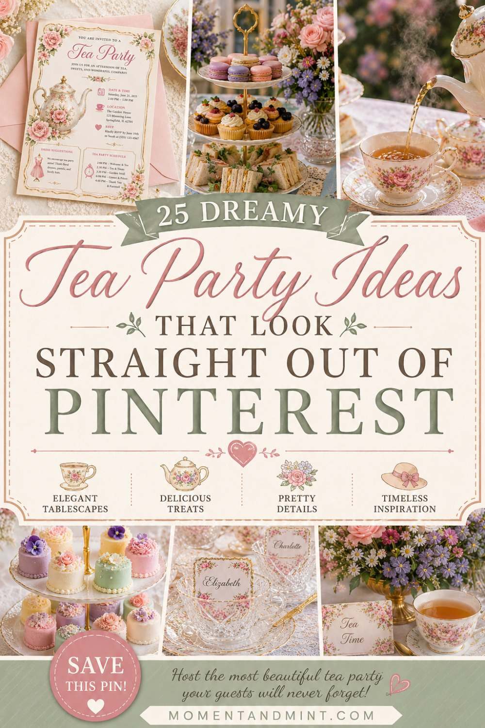 Dreamy Bridgerton tea party featuring elegant tea service, floral centerpieces, vintage invitations, pastel desserts, and romantic garden party inspiration.