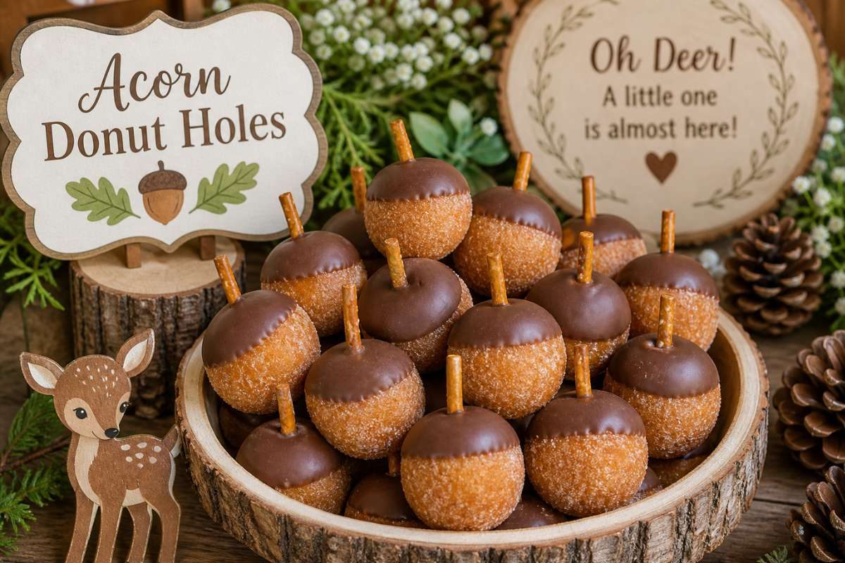 Acorn-inspired donut holes dipped in chocolate for a woodland baby shower dessert table