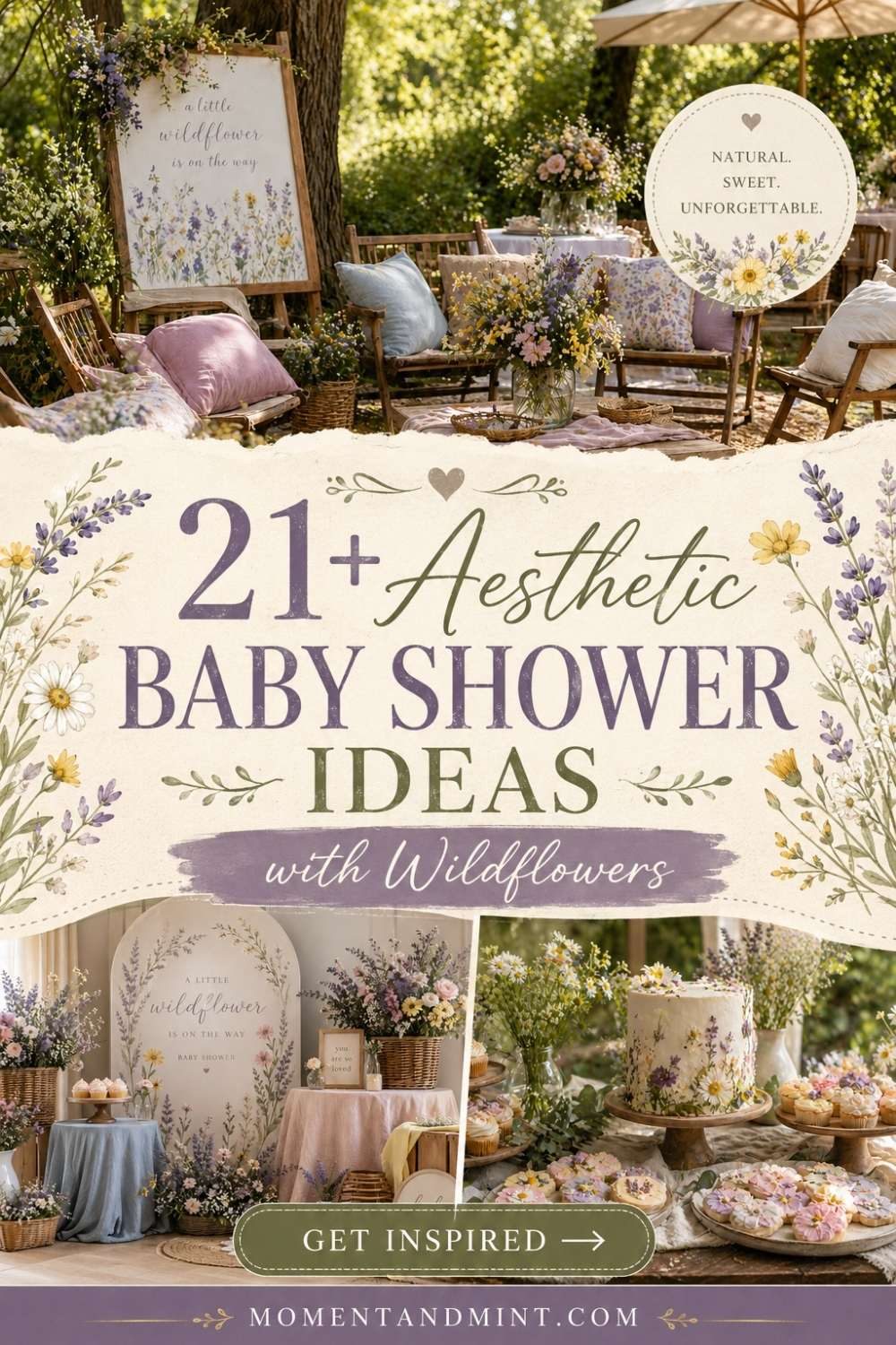 Aesthetic wildflower baby shower ideas with fresh floral desserts, rustic backdrop, garden lounge area, delicate wildflower decorations, and nature-inspired baby shower styling.