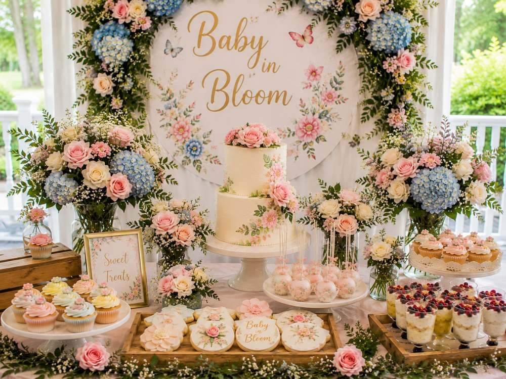 Elegant Baby in Bloom dessert table featuring a floral-decorated tiered cake, pastel cupcakes, custom cookies, cake pops, and dessert cups surrounded by fresh roses, hydrangeas, greenery, and soft garden-inspired decorations. The beautifully styled display creates a stunning focal point for a floral-themed baby shower celebration.
