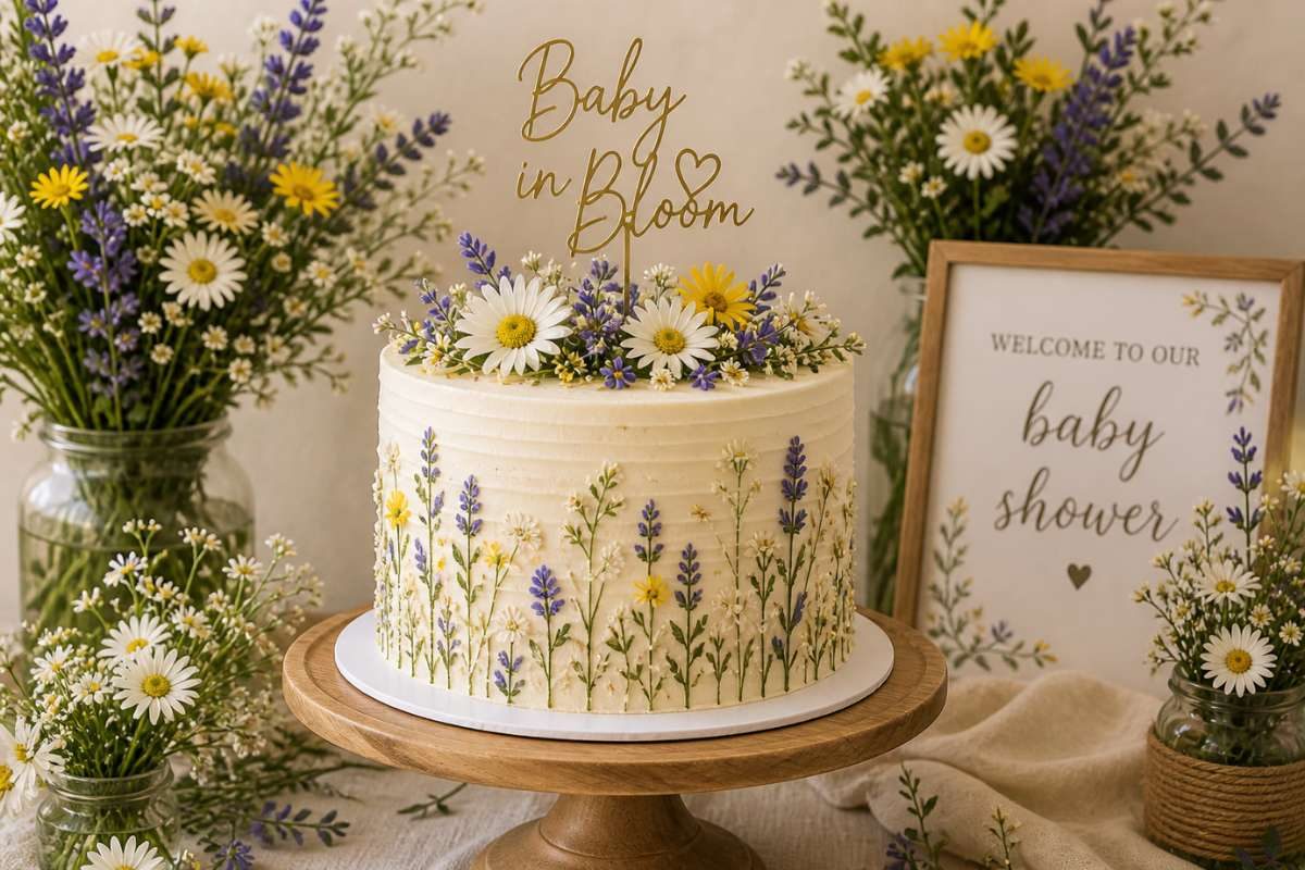 Baby in Bloom wildflower baby shower cake with daisy and lavender floral decorations
