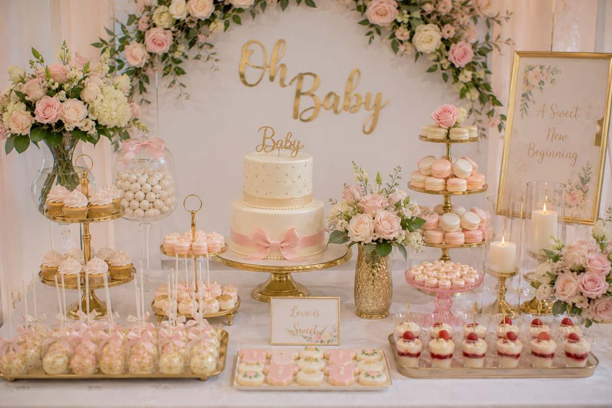 Elegant baby shower dessert table centerpiece featuring a buttercream cake, macarons, cupcakes, cookies, cake pops, and floral decorations.