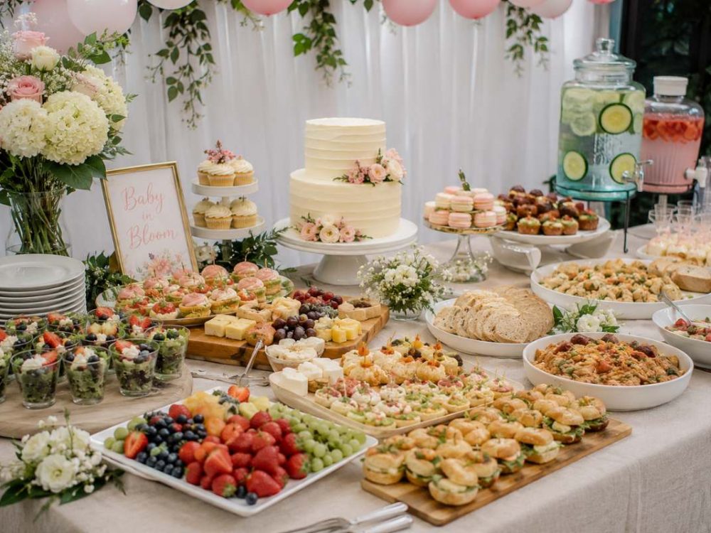 Elegant baby shower buffet featuring a dessert table, fresh fruit, sandwiches, salads, pastries, and pastel decorations for a stylish celebration.