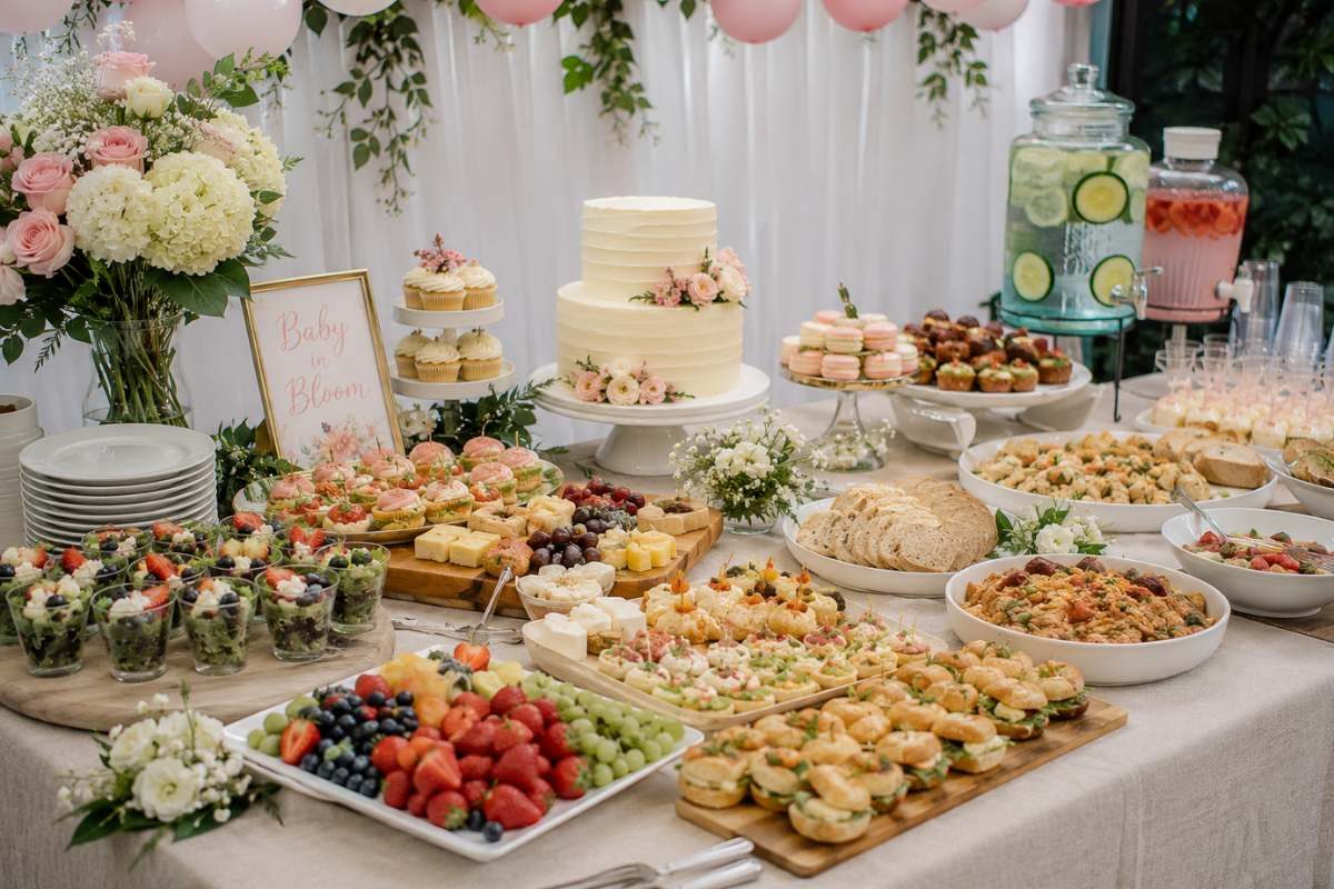 Elegant baby shower buffet featuring a dessert table, fresh fruit, sandwiches, salads, pastries, and pastel decorations for a stylish celebration.