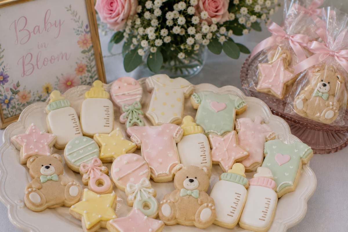 Decorated baby shower sugar cookies shaped like teddy bears, baby bottles, rattles, stars, and onesies with pastel royal icing.