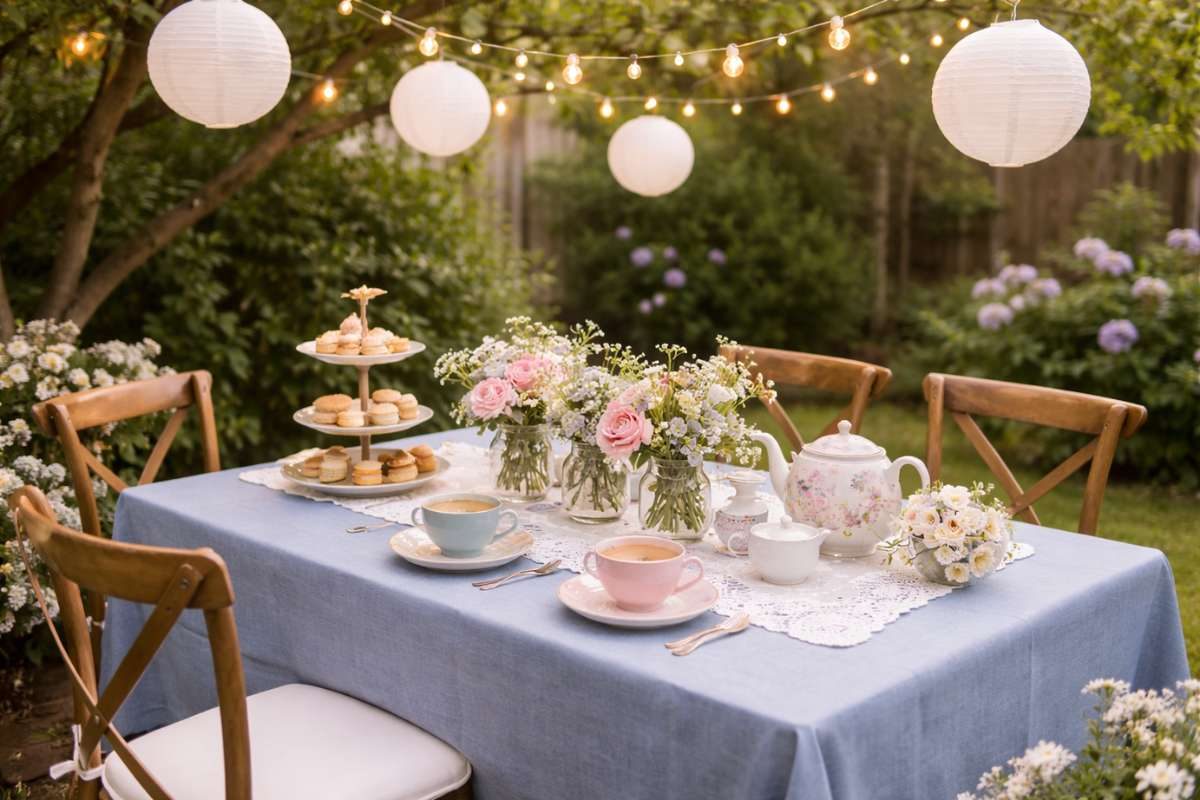 Backyard tea party with soft blue tablecloth, string lights, floral arrangements, and teacups