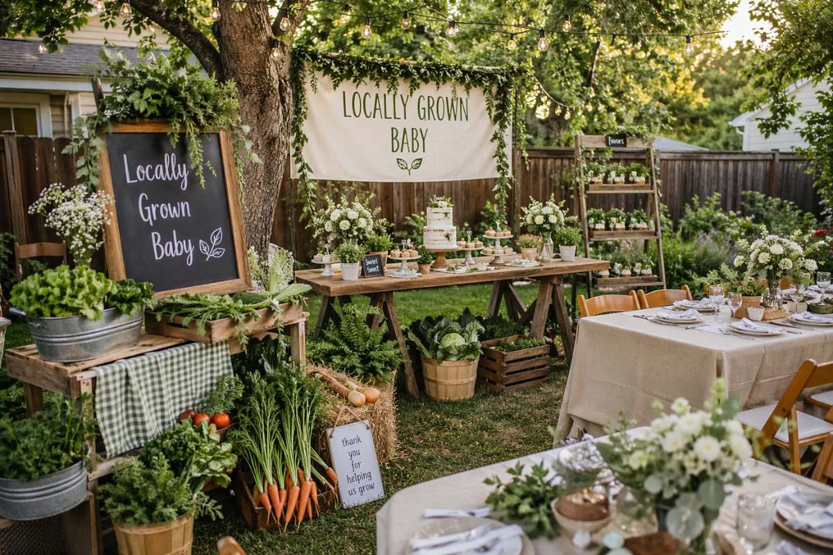 Backyard harvest setting for a locally grown baby shower with farm-style tables, fresh produce, and outdoor garden decor.