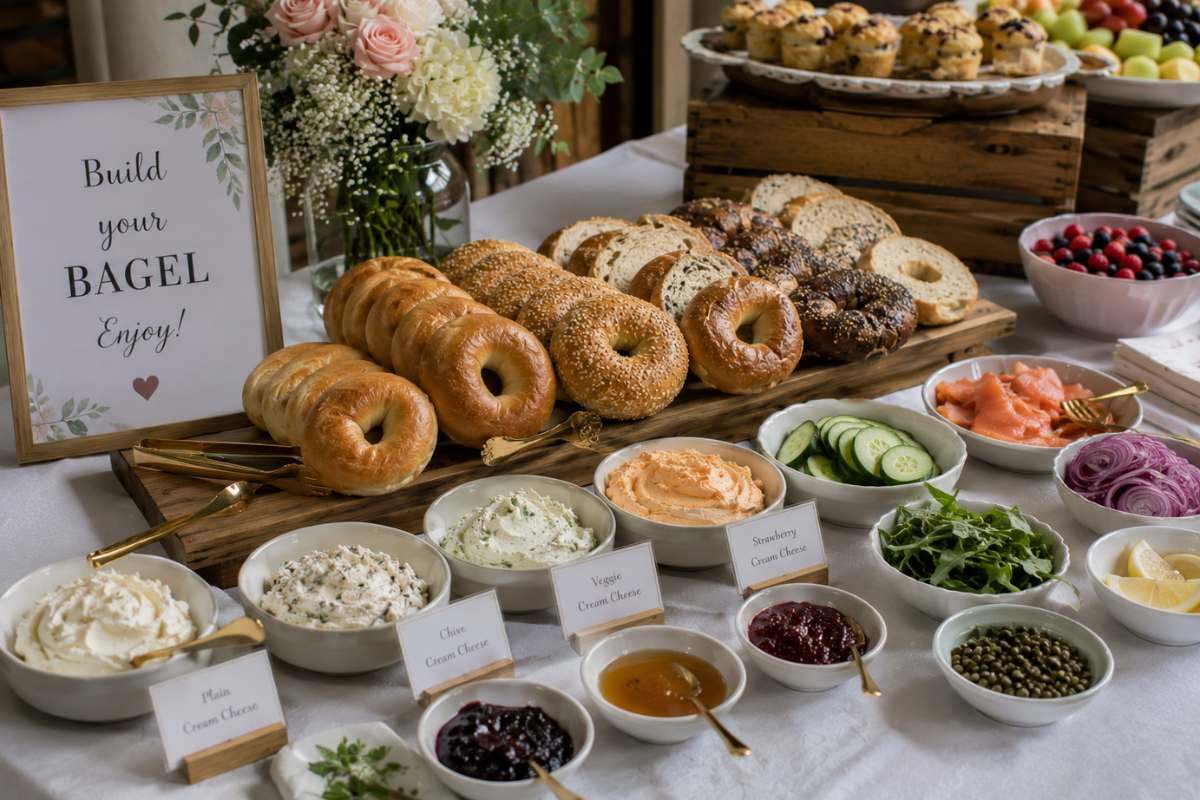 Bagel board for a brunch baby shower featuring assorted bagels, cream cheese spreads, smoked salmon, cucumbers, red onions, capers, fresh greens, and elegant floral décor on a rustic serving table.